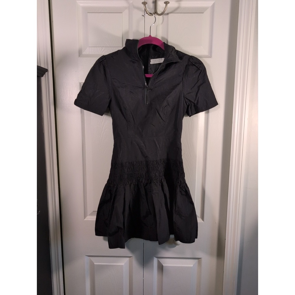 Urban Outfitters Dress Womens XS Black Quarter Zip Smocked Ruffle Mini Nylon
